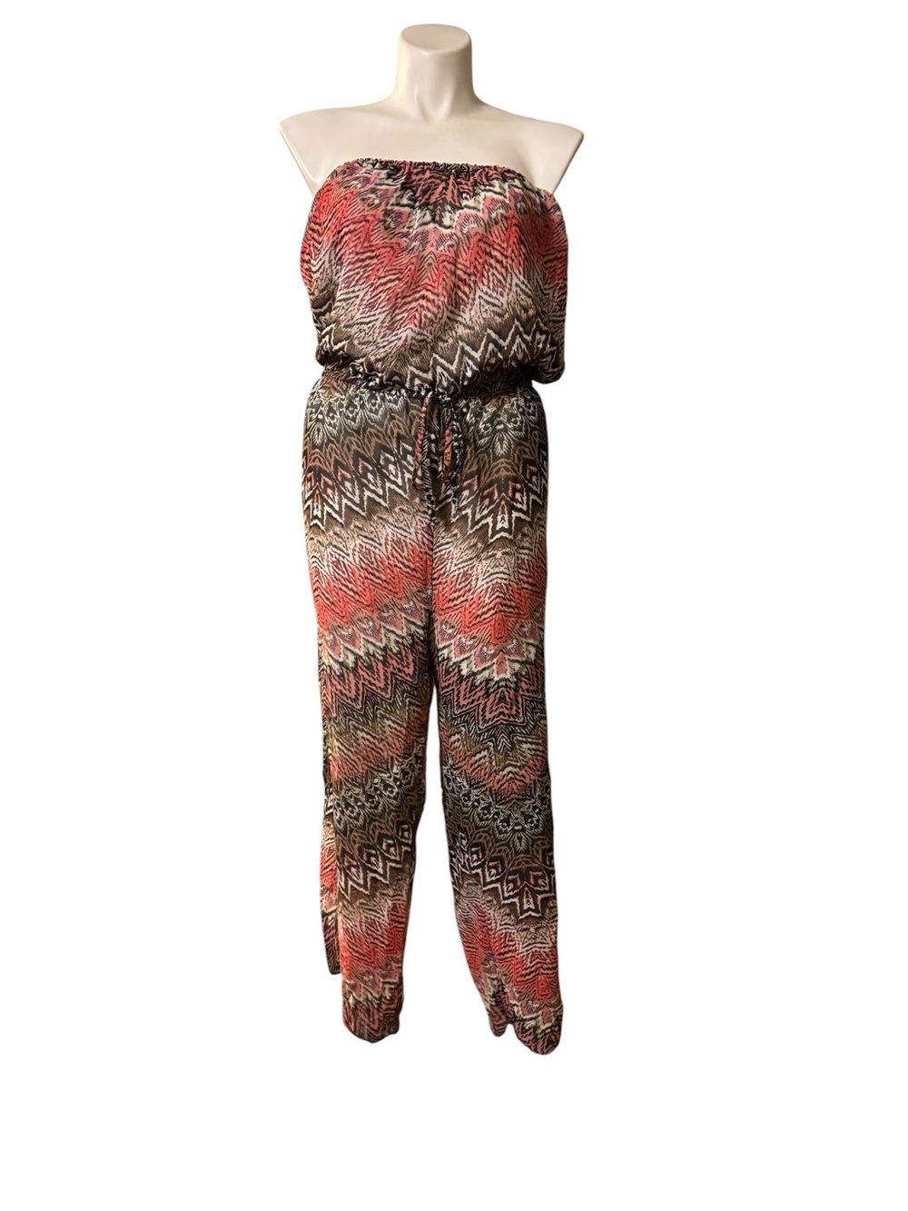 Feathers 3X Strapless Chevron-Print Jumpsuit in Rust Dusty Rose Brown Drawstring - Picture 2 of 8